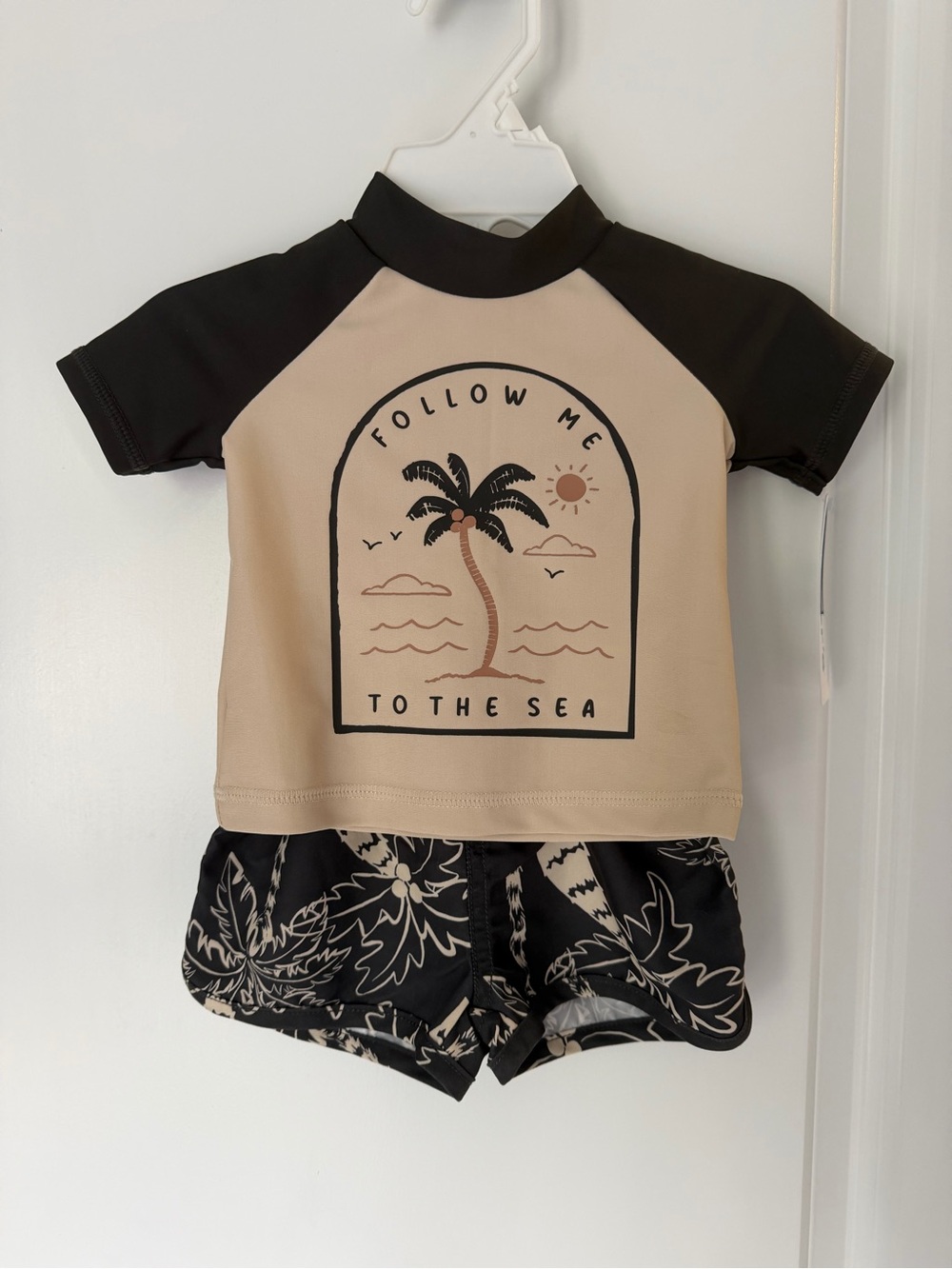 Baby Two-Piece Rash Guard Swim Set in Brown and Beige 3m